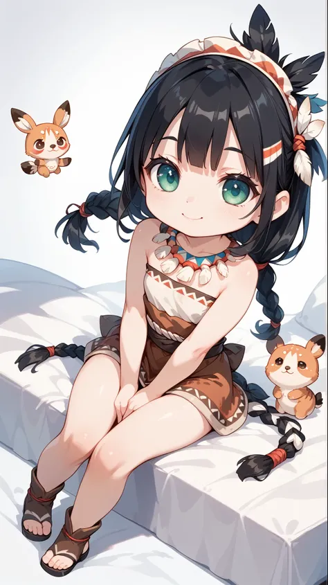 Chibi character, two-dimensional, cute, black hair, Native American clothing