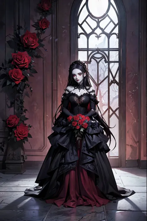 exquisite artwork of a Couple in love, dark gothic beauty, aesthetic atmosphere, roses surrounding, fantasy render, realistic detailed face and body, vines and thorns, mid-transformation, pale skin, vampire, ethereal, realistic fantasy artwork
