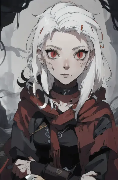Masterpiece, best quality, 8k, dark scene , dramatic shadows, cowboy shot, 1girl, (((colorless skin, white skin))), pale lips, ((((white hair)))), solo, (hip length long hair, matted hair, straight hair, messy hair, tangled hair), expressive eyes, large ey...