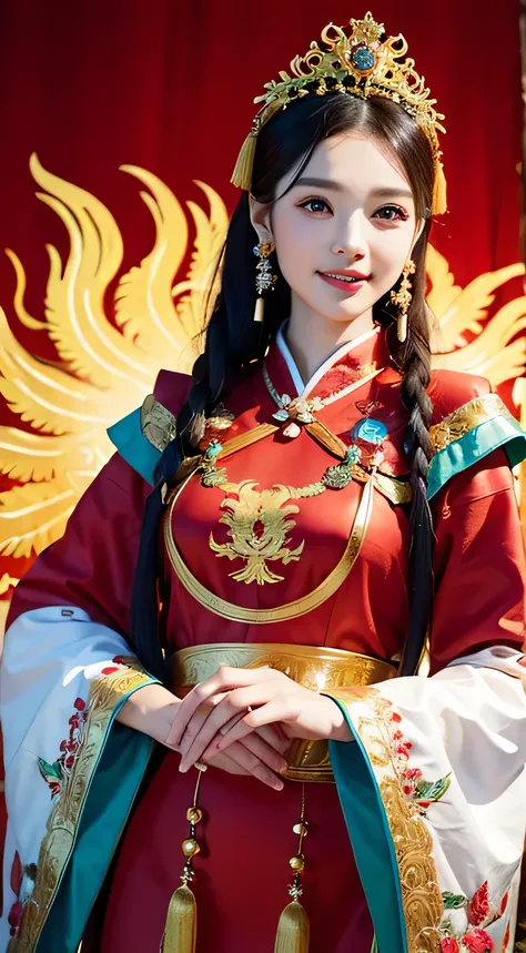 (8k, RAW Photo, Best Quality, Masterpiece: 1.2), (Realistic, Realistic: 1.37), 1 Girl, Woman in Red Dress and Headdress Posing for Photo, Gorgeous Role Play, Beautiful Costume, Chinese Dress, Complex Dress, Complex Costume, Traditional Beauty, Gorgeous Chi...