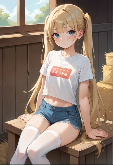 1girl, young girl, , sitting on a chair in a farmhouse, short t-shirt, jean shorts, white thigh highs, blushing, ((ultra realistic details)), intricate, highly intricate details, (petite body:1.2), long blonde twin tails hair,