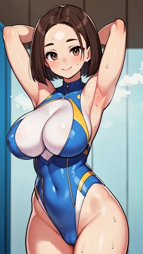 ( perfect body), best quality,( 8K Portrait ),( Official Art)、(smile:1.5)、 office lady holding kittens、((hot、vapor、Hands behind head、Armpits、sweat))、(((Big Breasts)))、( brown hair、 Brown Eyes )、(Forehead:1.4)、( split bangs、 bob cut from the front)、(White a...