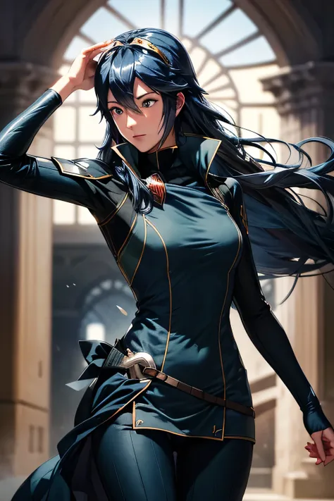  perfect anatomy　 best quality, highest resolution,(((Shiny clothes　 dark blue hair　sweat)))　Lucina　 Fire Emblem Awakening　saber　Swordsman　Western Castle