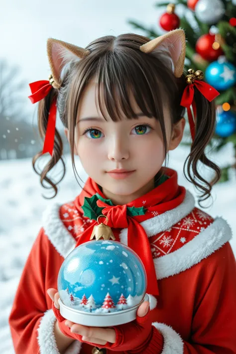 Japanese girl, score 9, score 8 up, very detailed, super detailed, best quality, detailed body, detailed face, snow globe. Elementary school student, single woman, beautiful face, small eyes, dark brown eyes, perfect eyes, detailed body (hair between eyes...