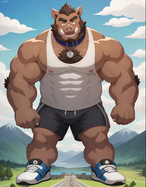 Scribble wild boar face,furry(wild boar),pummelig,(  black eyebrows :1.1),(perfect eyes), brown fur ，Alone,（artist:takemoto arashi),（collar:1.3），  standing, Sneakers，（  Black beard  :1.3），（Civil  :1.3,) wild boar(Massiv:3.0, (  heavyweight ,stark,Macro, Em...