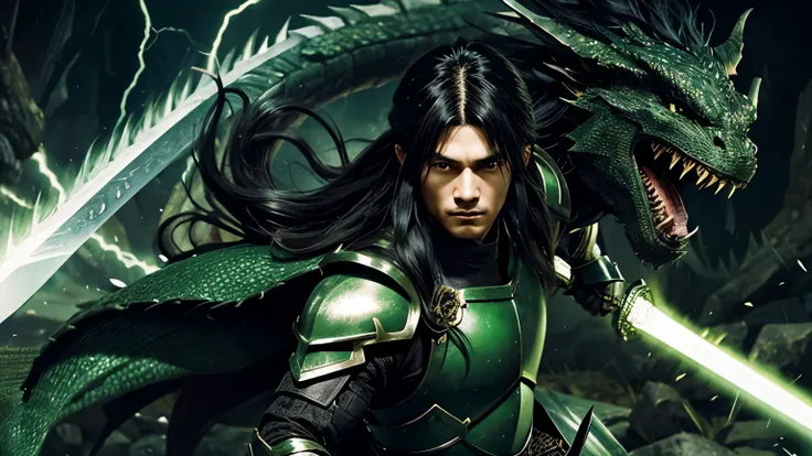  high definition 、 black long-haired Japanese human boy with a pretty face wearing green armor、Location: Dungeon、They are fighting against dragons using the magic of swords and thunder