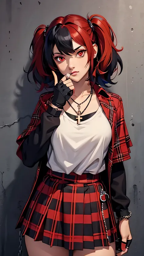 1girl, Dark One /(CrushCrush/), gloves, fingerless gloves, solo, chain, necklace, skirt, red eyes, red hair, black hair, plaid skirt, multicolored hair, plaid, jewelry, cross, two side up