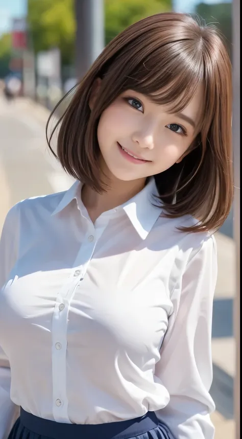  .................,, In front of school、 skirt 、 long sleeve white shirt、格子柄 skirt、On, , sakimichan,, So cute and cute ,  nice smile, sakimichan hdri、Lori、 boobs、Beautiful breasts 、,(Big Breasts:1.20),(:1)、 brown hair、 brown hairの髪、 blue eyes、 short bob、Cu...