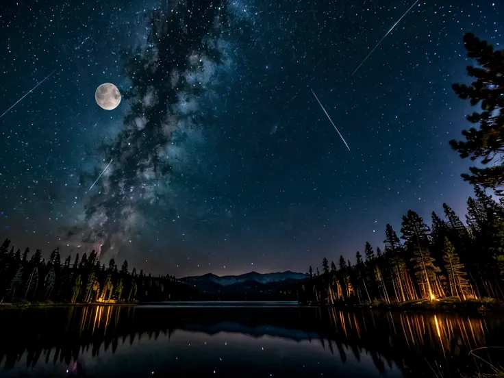  a full moon night north of the United States of America with several pine trees surrounding a lake that reflects moonlight,  and at the bottom of the lake and the trees there are mountains ,  fireflies hang over the waters and the waters edge in a very bl...