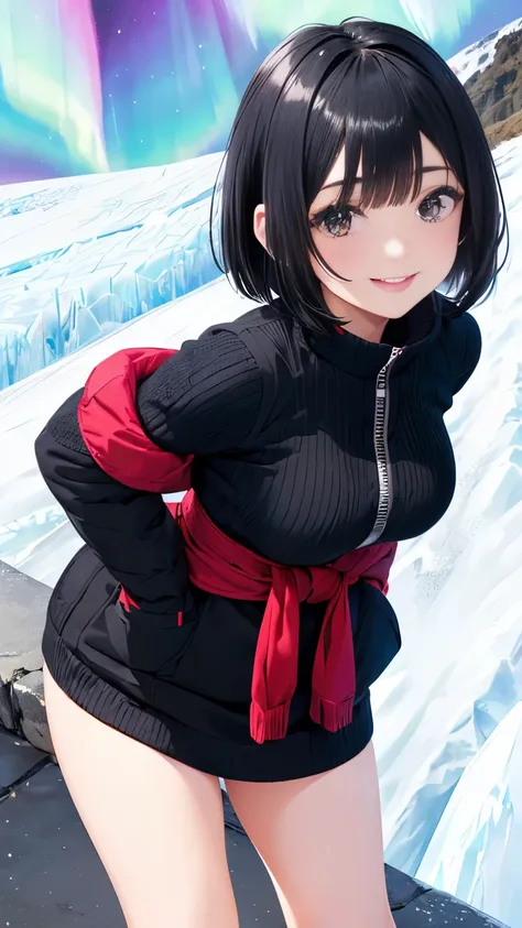 (Aurora Over the Glacier:1.5), (Beautiful girl busty gravure idol wearing winter clothes:1.3), (black hair color:1.5), (short hairstyle:1.5), (constricted waist:1.3), (full bodyesbian:1.3), (Smiling:1.3)