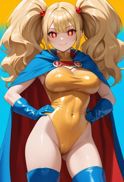 score_9_up, score_8_up, score_7_up, solo, source_anime, 1girl, super hero girl, +_+, bright pupils, detailed eyes BREAK 

Large breasts, Blonde hair, red eyes, twintails, big hair BREAK 

Latex, (yellow leotard, gold leotard), bare legs BREAK blue gloves, ...