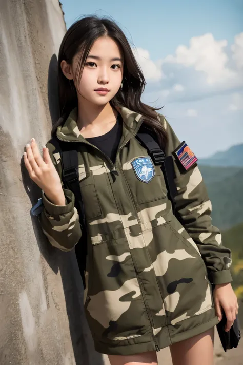 A high school girl in a camouflage suit is posing in a cool way