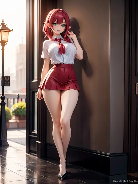 Realistic and detailed image of an elf girl. Dressed in school uniform and pleated torn mini skirt. Scarlet red hair, long, silky and unusually shiny. Green eyes. Wears earrings and long eyelashes. She has full lips. Large breasts, slim waist, very wide hi...