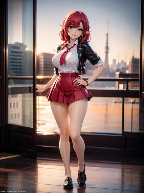 realistic and detailed image of an elf girl. dressed in school uniform and pleated torn mini skirt. scarlet red hair, long, silk...