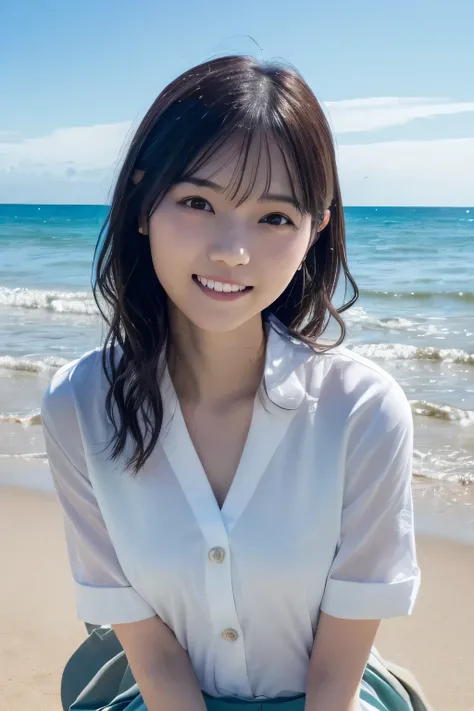 Seaside Office、Summer Sea、Summer sky、 sandy beach、Water's Edge、Im operating a laptop、
((photograph、Japanese beautys hair 、1Beautiful Japanese Girls、 Japanese idol 、 white skin 、 Gentle Smile 、Very cute、 long wavy hair 、 woman in a business suit ))