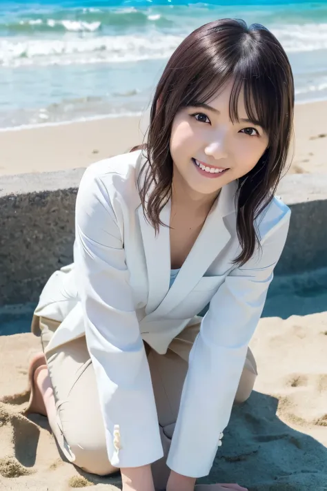 Seaside Office、Summer Sea、Summer sky、 sandy beach、Water's Edge、Im operating a laptop、
((photograph、Japanese beautys hair 、1Beautiful Japanese Girls、 Japanese idol 、 white skin 、 Gentle Smile 、Very cute、 long wavy hair 、 woman in a business suit ))