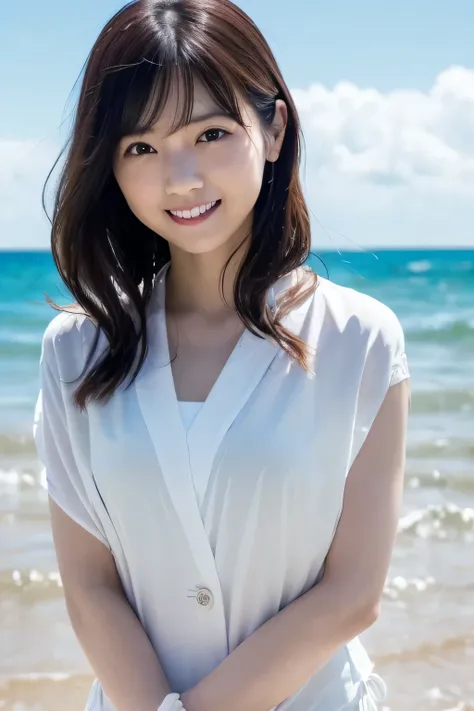 Seaside Office、Summer Sea、Summer sky、 sandy beach、Water's Edge、Im operating a laptop、
((photograph、Japanese beautys hair 、1Beautiful Japanese Girls、 Japanese idol 、 white skin 、 Gentle Smile 、Very cute、 long wavy hair 、 woman in a business suit ))