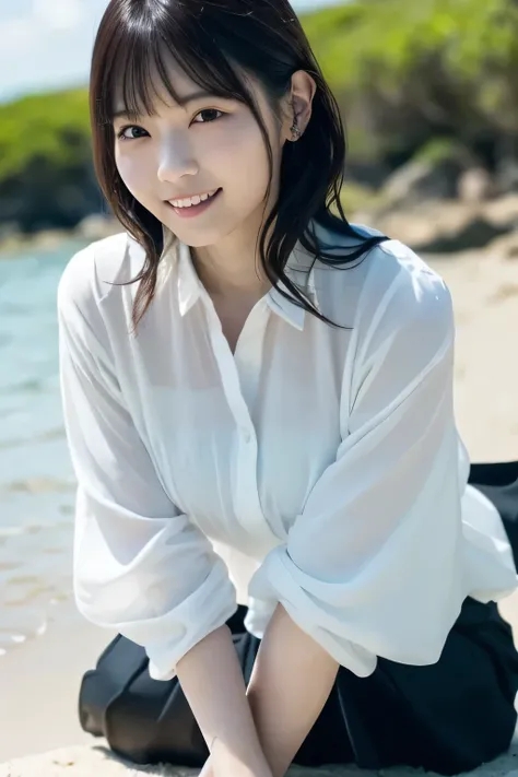 Seaside Office、Summer Sea、Summer sky、 sandy beach、Water&#39;s Edge、Im operating a laptop、
 ((photograph、Japanese beautys hair 、１Beautiful Japanese Girls、 Japanese idol 、 white skin 、 Gentle Smile 、Very cute、 long wavy hair 、 white blouse 、 black business s...