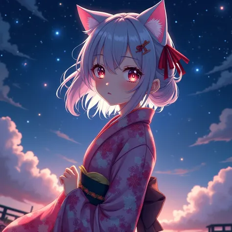 anime cat ear girl in kimono clothes with cat ears, shoulder looking, anime drawing by yang j, pixiv contest winner, serial art,...