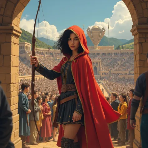 lily collins with black curly hair with red hood, medieval clothes, bow and arrow in hand, entering an arena landscape filled wi...