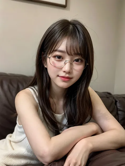  best quality、masterpiece、High sensitivity、 high definition 、Detailed explanation、relax,Glasses、A gentle expression like a goddess taking a nap on the couch , blurred background.  real and detailed photo shoot ,  best quality,  sensual and realistic photo ...