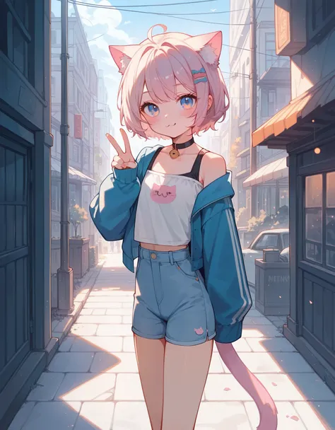 Masterpiece, (best quality), (high quality), dark moder street, 1girl, solo, sexy pose, cool clothes, (young), cute cat mouth shape, v-shaped sign, cat girl, cute girl, best body, blushing, high resolution, 4K, best upscale,