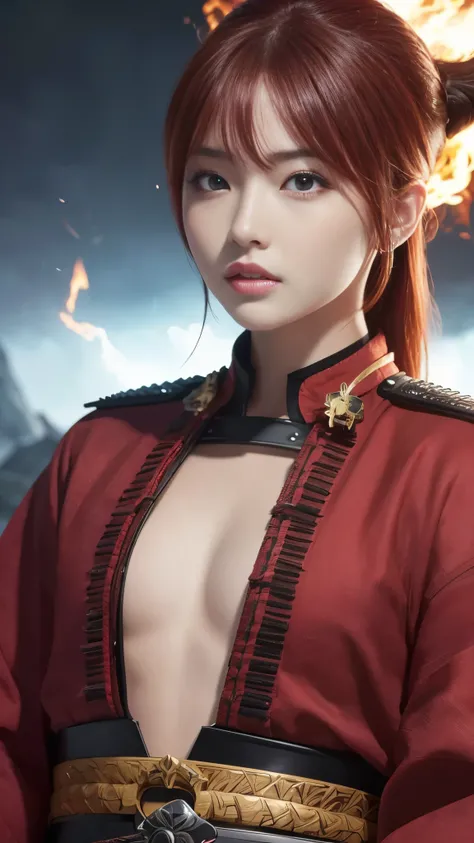 masterpiece、 best quality、 ultra high resolution、 super high definition ,aesthetic、8k、 ( photorealistic:1.4)、 red hair  ,  Japanese 、(Samurai Style)、night 、flat chest, AA-cap chest、Small waist:1.2、whole body:1.5、 octane rendering intertwined 、超A high resol...