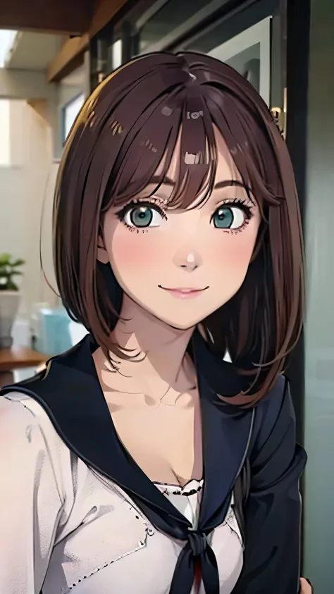 One MILF, dark red hair, short hair, straight hair, hair over one eye, aqua eyes, large breasts, seductive smile, blush, A starched white blouse, Navy pencil skirt, fishnet thighhighs, High heels, anime, anatomically correct, super detail, high details