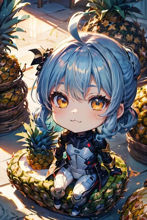 ( masterpieces、 fresh pineapple:1.3)、(anime moe、chibi body、 light blue hair color , short chignon hair、 curly hair、defenseless、 ...