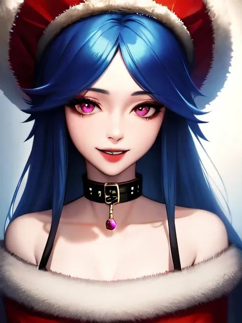 1 standing , azar \(league of legends\), Alone,  long hair,  Looking at the viewer, smile, tem, jewelry, bare shoulders, blue hair, collarbone, Teeth,  choker,  pink eyes , collar, portrait, red headdress , saint has,  cap with fur trim,  sensitive masterpiece, newest, absurdres, very aesthetic, Best Quality 