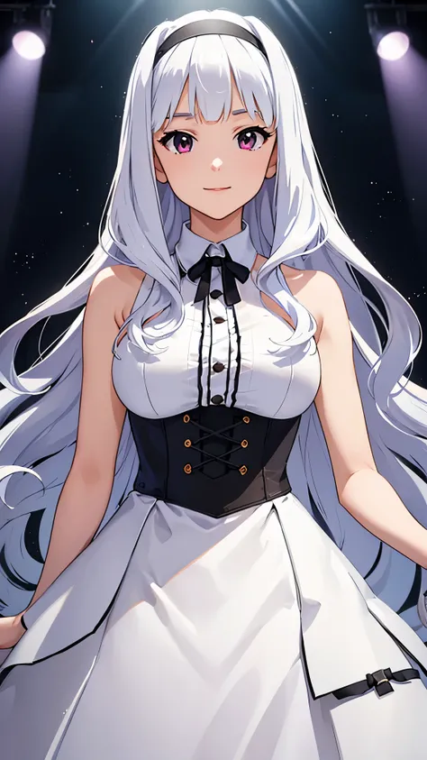 (beautiful woman: 1.3), takane shijou, white long hair, BREAK, white dress, sleeveless dress,layered dress, cross-laced dress, corset, cool look, wide, on a grand stage, (cinematic angle), idol concert, singing, looking at viewer, stage, white curtain, sta...