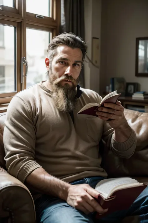 (editorial photography 9: 16 of a hardworking man sitting in his living room, bearded, Seriously reading , 47 years old,  brown eyes , Similar to Christ)