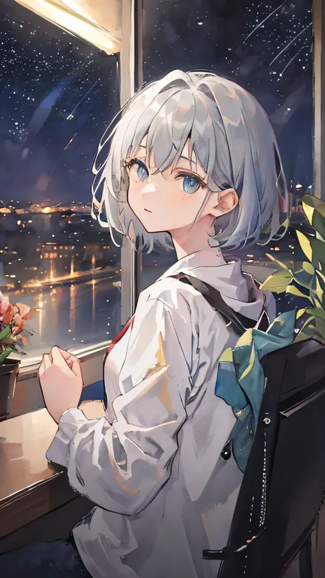  girl，Gray Hair， short hair， Odd Eye ，You can sit back and look back at me ，Only the upper body is visible， to see a beautiful starry sky，Watching from afar