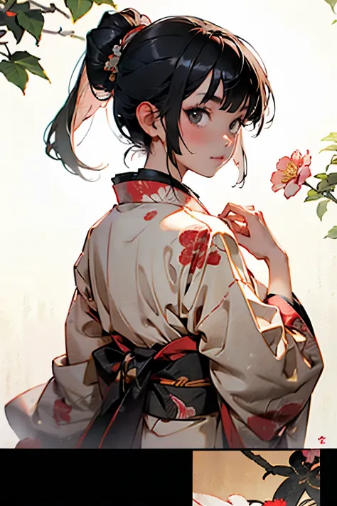 sinsya, 1girl, solo, japanese clothes, black hair, kimono, looking at viewer, red kimono, floral print, looking back, letterboxed, bangs 