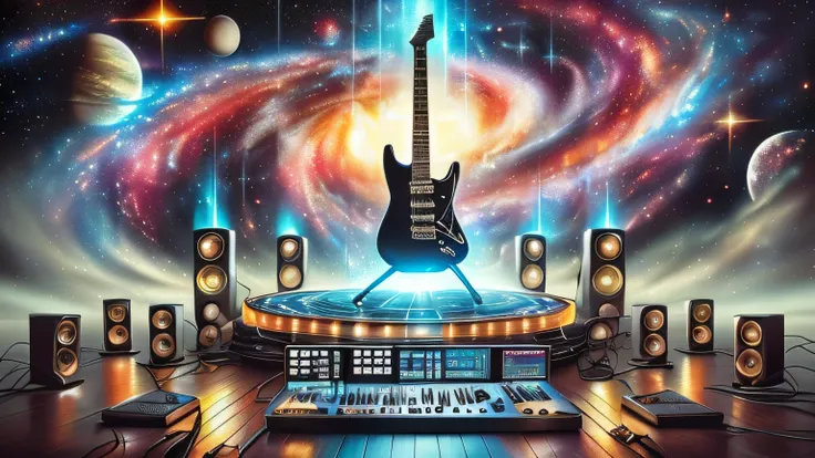 a close up of a guitar on a stage surrounded by speakers, futuristic electric guitar, fantastic space, background artwork, guitar concept art, galactic temple, fantasy space, cosmos backdrop, album art, 8 0s style tomasz alen kopera, badass composition, sp...