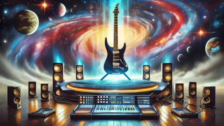 a close up of a guitar on a stage surrounded by speakers, futuristic electric guitar, fantastic space, background artwork, guitar concept art, galactic temple, fantasy space, cosmos backdrop, album art, 8 0s style tomasz alen kopera, badass composition, sp...