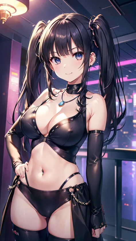 (8K、Highest image quality、highest quality、masterpiece)、detailed face、1 girl、black hair、(( twintails))、blunt bangs,shiny eyes、((large breast:1.5)),punk costume,((tight costume:1.5)),((Cleavage,plunging, pendant,navel pierce))、cleavage、((navel pierce:1.4))、(...