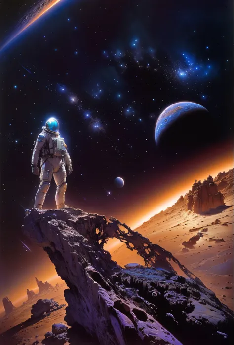 astronaut on a rock in the desert with a view of the planet, by Alan Bean, science fiction art, wayne douglas barlowe, wayne - barlowe, science fiction art ], inspired by Ted Nasmith, 8 0s style tomasz alen kopera, sci fi art, sci fi artwork, michael whela...