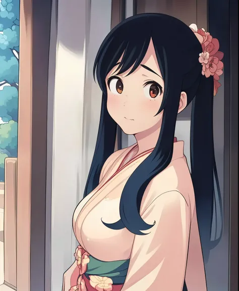 (masterpiece、 best quality、 best quality、 Official Art、 beautiful and beautiful :1.2)、( one girl who is at ease:1.3)、 twin tails, Beautiful breasts, 1 girl, Flat Color , retro art style, Ukiyo-e style,kimono