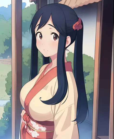 (masterpiece、 best quality、 best quality、 Official Art、 beautiful and beautiful :1.2)、( one girl who is at ease:1.3)、 twin tails, Beautiful breasts, 1 girl,  Flat Color ,  retro art style, Ukiyo-e style,kimono