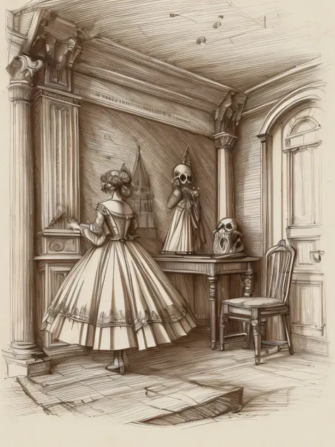 (davincisketch),(fullbody),memento mori, hidden skull, trompe loeil,Ball, Gentle Dance Dress, Castle Party, Lady, Count, Western Dance Party, Detailed Shadows,, mythology style, picture book world, sinister atmosphere, wonder atmosphere,(manga style), (ske...