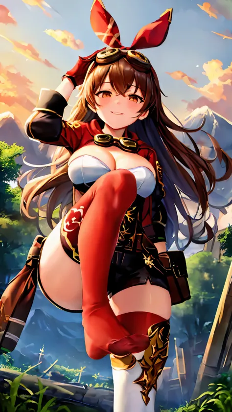 masterpiece, best quality, soft lighting, absurdres, looking at viewer, solo, naughty smile, sleepy eyes, goggles on head,
amber (genshin impact),  brown eyes, brown hair, long hair, red hair ribbon, brown short shorts, leather gloves, pouch, (red thighhig...