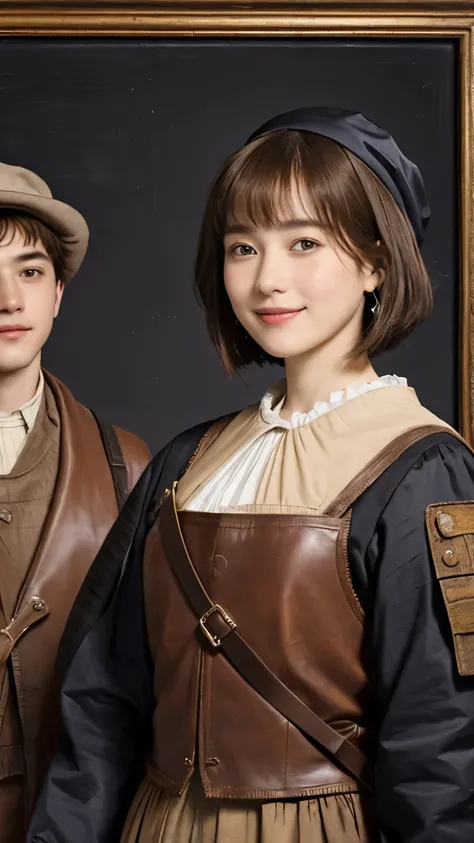 325 ( 20 year old woman and 20 year old man working in a stable), ( super real ), (stable、There is a horse), ( shorthair), (smile), (( gorgeous costume)), ((Rembrandt-style painting))