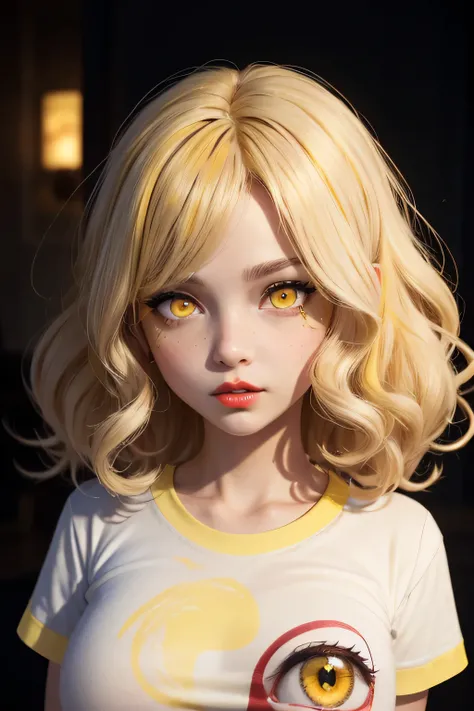 ,8K,16K,  3Dmasterpiece  ,  Ultra quality,,( yellow eyes:1.7),( big eyes), small nose , perfect nose ,Labios pequeños, full lips , red lips,  long curly hair ,  white hair,with red spots , cabello with red spots , white shirt,neckline,open t-shirt , Large ...