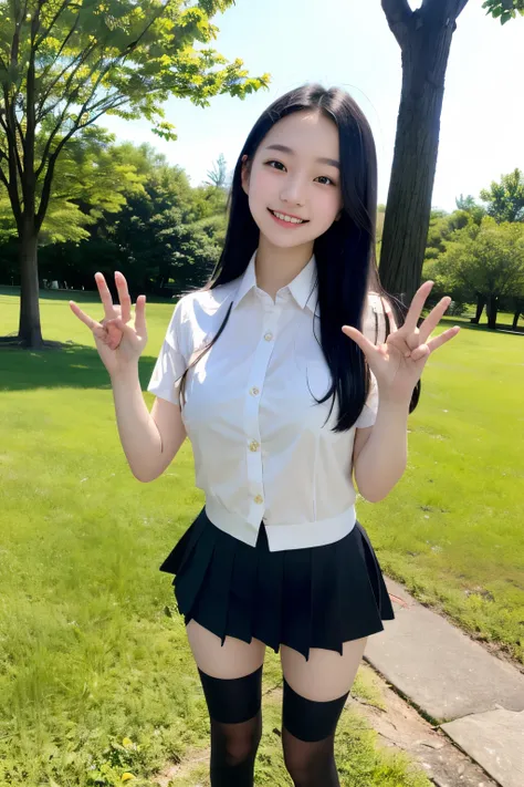 Standing in an empty park、 One Female High School Student 、Long black hair、 idol style、 cute face、uniform、 miniskirt、 spreading her hands to the sides 、 and smiles 、Full body portrait                                        