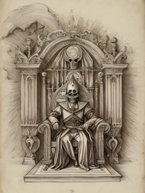 (davincisketch),memento mori, hidden skull, trompe loeil, 2humans, the skinny king and the royal jester, seducing the king, master of deception, geometric patterned clothing, aristocratic clothing, throne, detailed shadows, malice,picture book world, sinis...