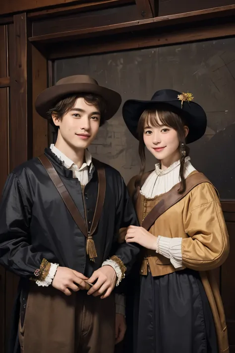 325 ( 20 year old woman and 20 year old man working in a Stable), (  super real ), (Stable、There is a horse), (  shorthair), (smile), ((  gorgeous costume )), ((Rembrandt style painting))