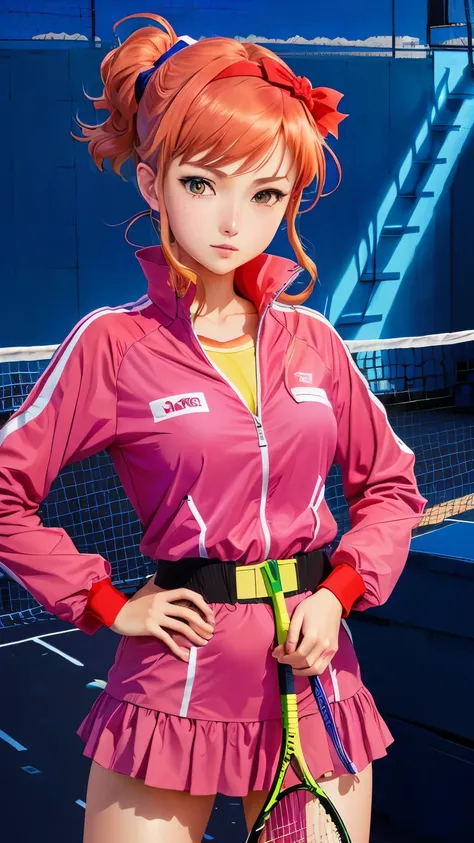 Mobile Suit Gundams Frau Bow、Anime character in pink costume standing on a tennis court with a racket, Gainax anime style,  Spy x Family , Gainax, 80&#39;s anime vibe,  80s anime is this style ,   glamorous angel woman Digimon  , 1980s anime style, In the ...