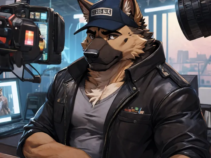 German Shepherd,  in the middle of a studio, speech from camera, wearing a cap and an open black jacket showing his chest