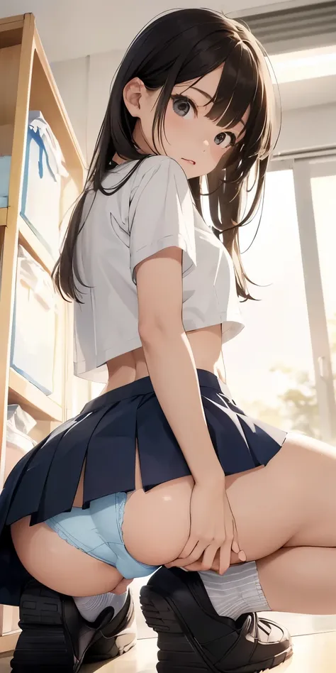 Squat(Elementary school    girl)(Teen Room)   sweated、  Just before the Sun Goes Down  、( Thigh and Crotch Expansion   )、   beautiful sunset   、Realistic、 Long girly hair  (    girl)、 close-up from the ground  、Butt Emphasis、  white miniskirt and light blu...